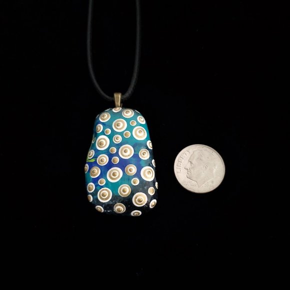 Hand Painted Dot Art Pendant. Ocean Blues Gold and White - Picture 4 of 8